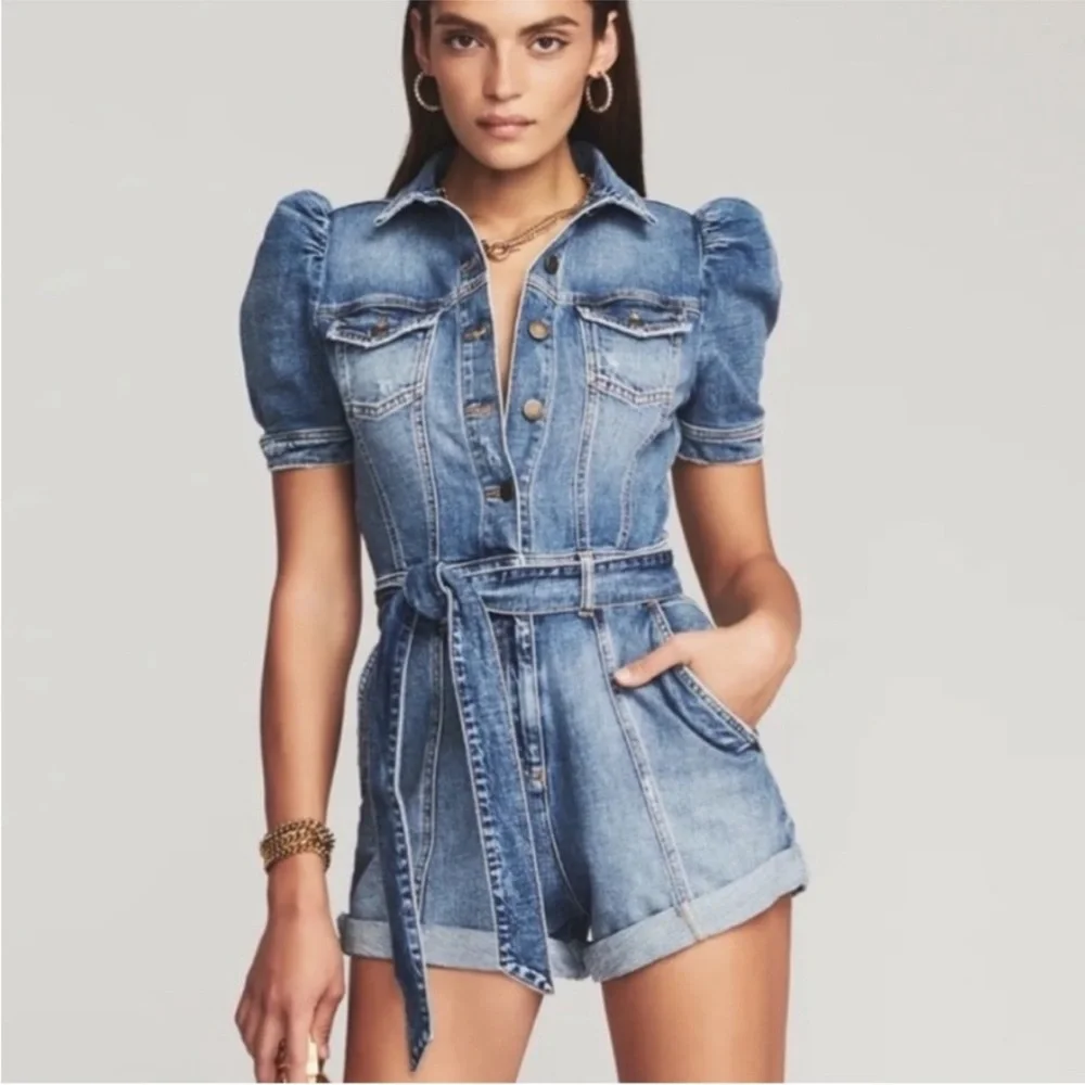 Retrofete Phoebe Romper Puff Sleeve Distressed Denim Streetwear Normcore Boho - Picture 8 of 8